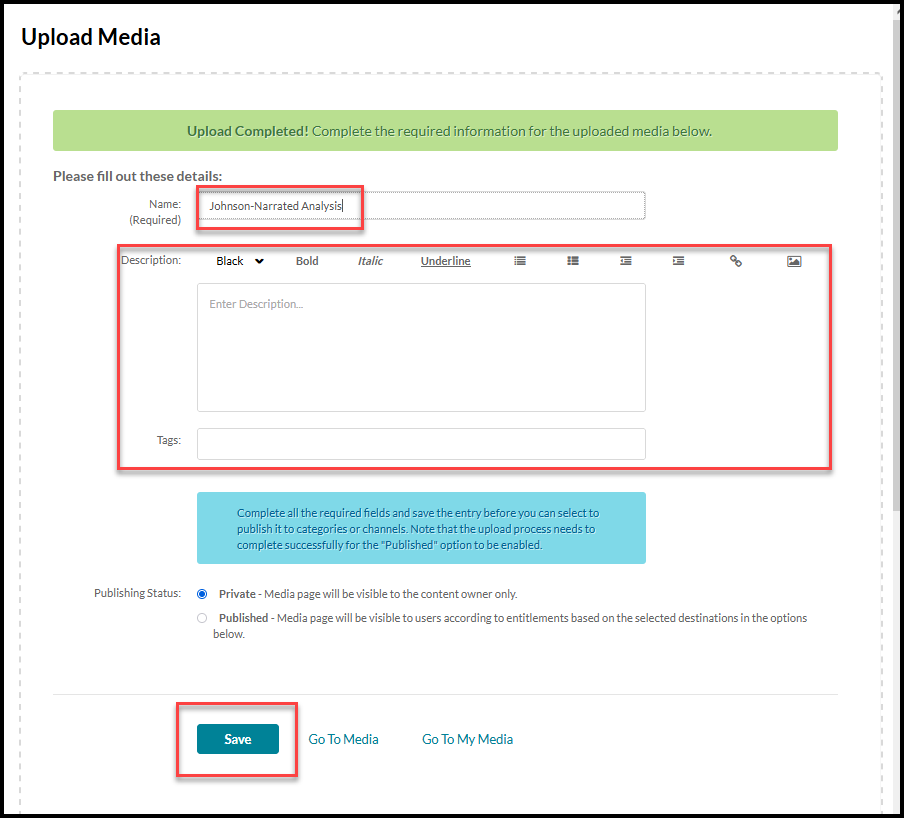 Upload media dialog highlighting name and description fields